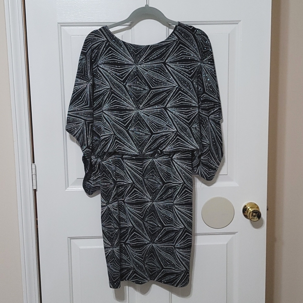 Black and Silver-Glitter Kimono-Sleeve Cocktail Dress,  sz 8